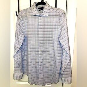 Men's Slim-Fit Non-Iron Performance Stretch White, Gray, Blue Check Dress Shirt
